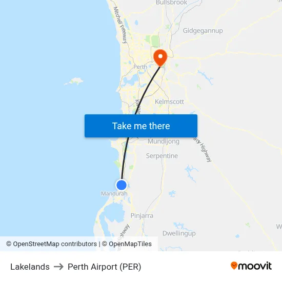 Lakelands to Perth Airport (PER) map