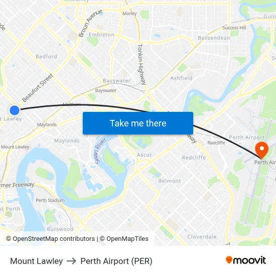 Mount Lawley to Perth Airport (PER) map