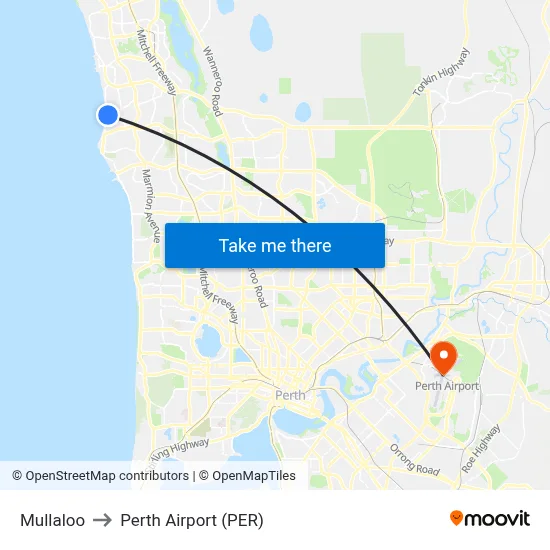 Mullaloo to Perth Airport (PER) map