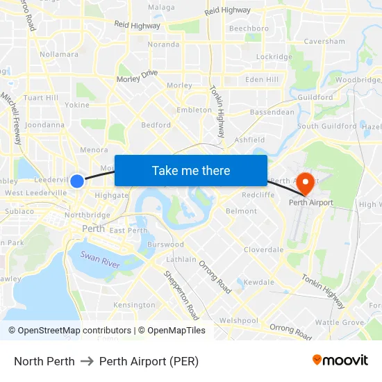 North Perth to Perth Airport (PER) map