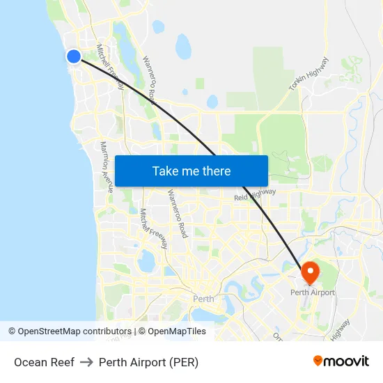 Ocean Reef to Perth Airport (PER) map