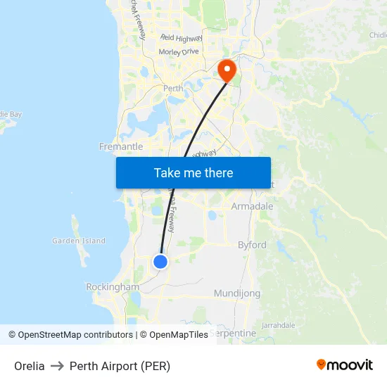 Orelia to Perth Airport (PER) map