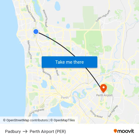 Padbury to Perth Airport (PER) map