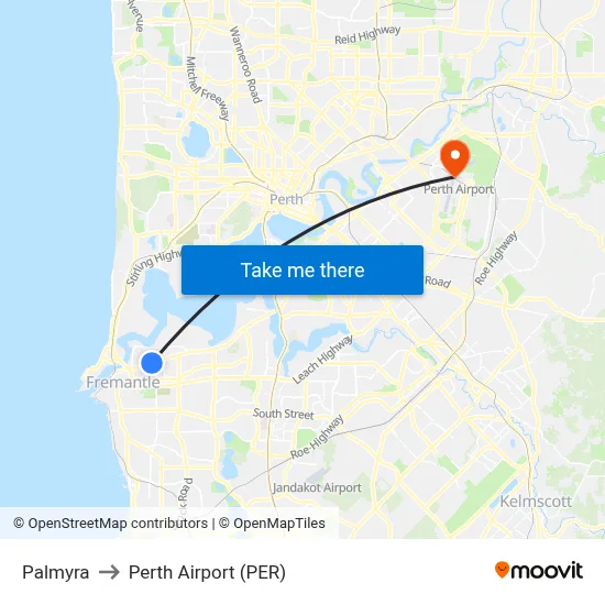 Palmyra to Perth Airport (PER) map