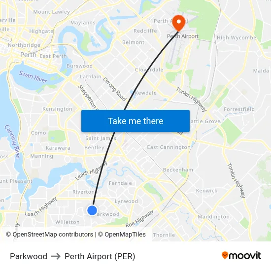 Parkwood to Perth Airport (PER) map