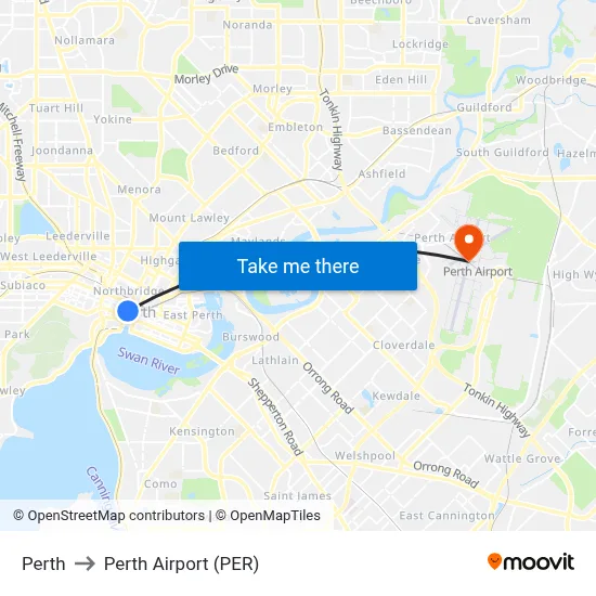 Perth to Perth Airport (PER) map