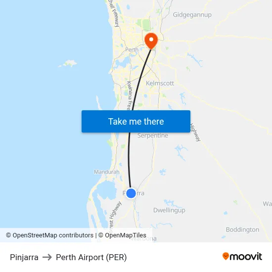 Pinjarra to Perth Airport (PER) map