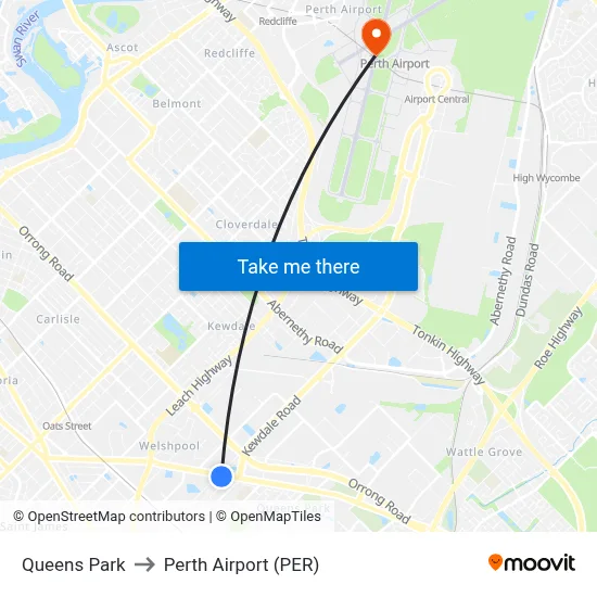 Queens Park to Perth Airport (PER) map