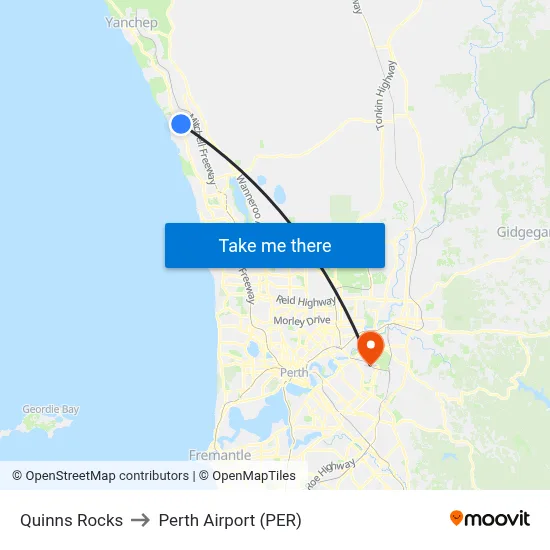 Quinns Rocks to Perth Airport (PER) map