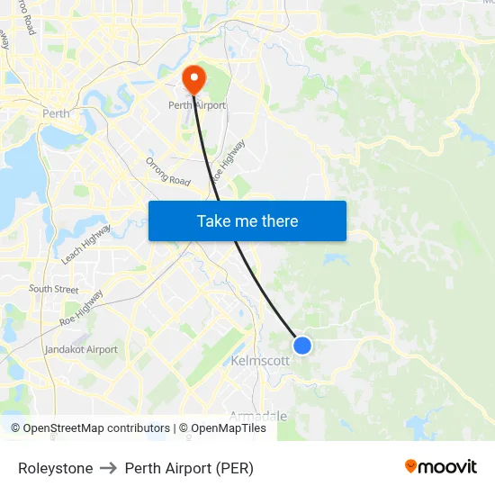 Roleystone to Perth Airport (PER) map
