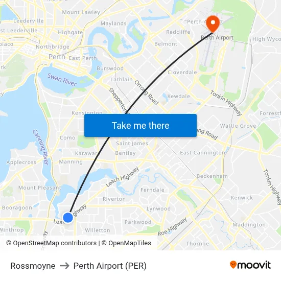 Rossmoyne to Perth Airport (PER) map