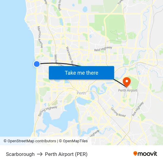 Scarborough to Perth Airport (PER) map