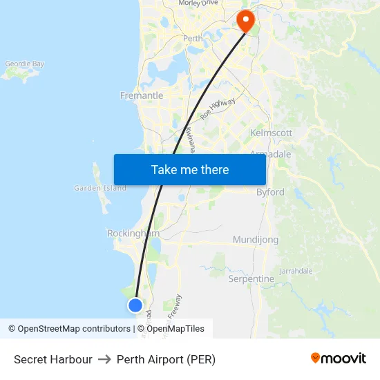 Secret Harbour to Perth Airport (PER) map
