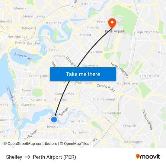 Shelley to Perth Airport (PER) map