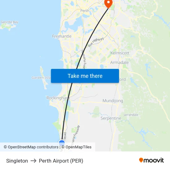 Singleton to Perth Airport (PER) map