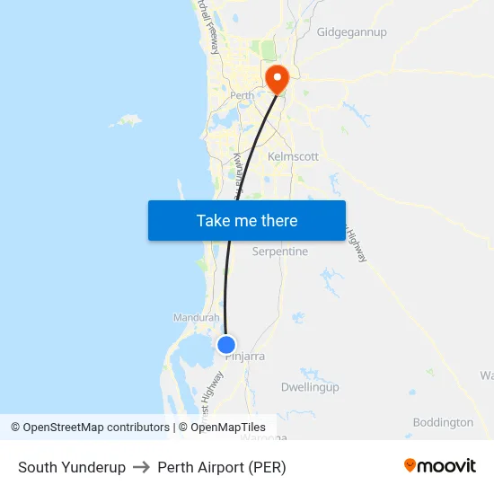South Yunderup to Perth Airport (PER) map