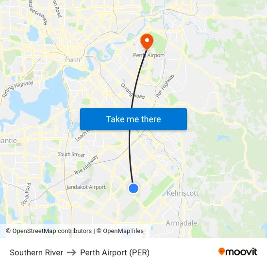 Southern River to Perth Airport (PER) map