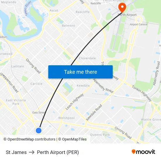 St James to Perth Airport (PER) map