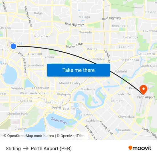 Stirling to Perth Airport (PER) map