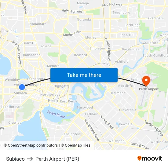 Subiaco to Perth Airport (PER) map