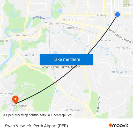 Swan View to Perth Airport (PER) map