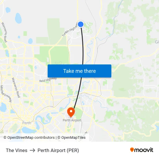 The Vines to Perth Airport (PER) map