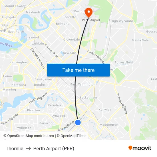 Thornlie to Perth Airport (PER) map