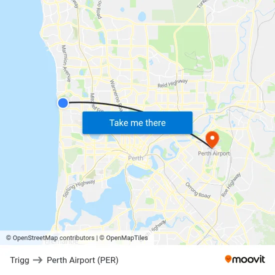 Trigg to Perth Airport (PER) map