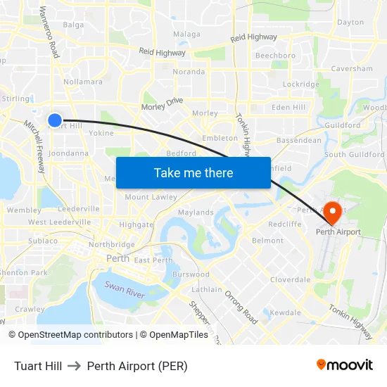 Tuart Hill to Perth Airport (PER) map