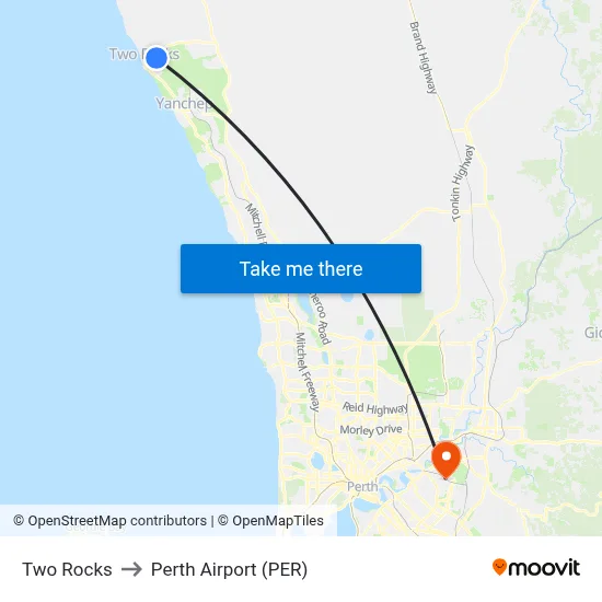 Two Rocks to Perth Airport (PER) map