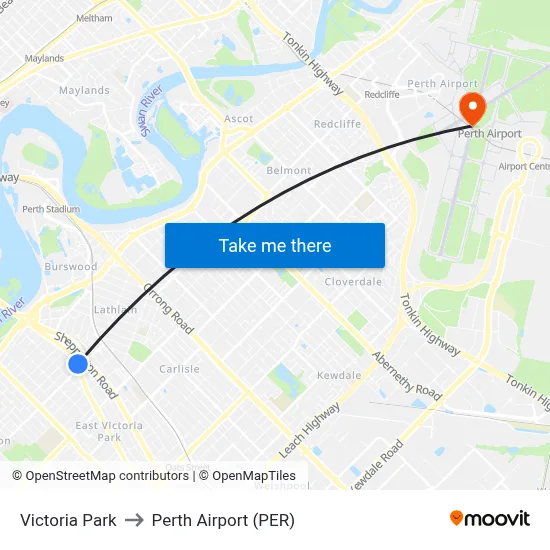 Victoria Park to Perth Airport (PER) map