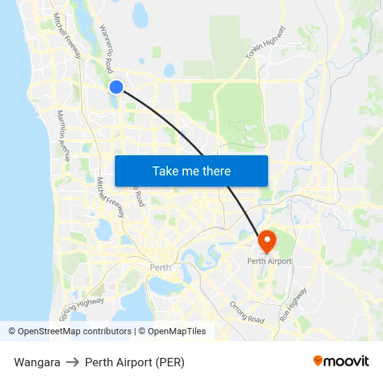 Wangara to Perth Airport (PER) map