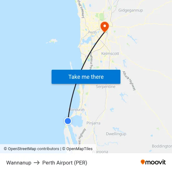 Wannanup to Perth Airport (PER) map