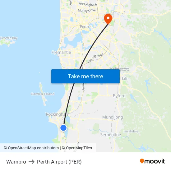 Warnbro to Perth Airport (PER) map