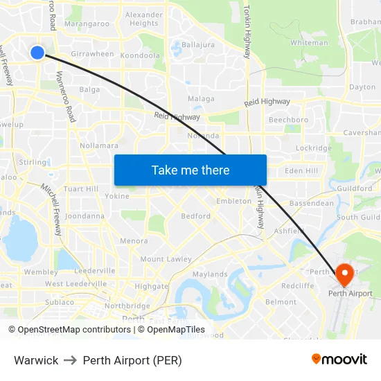 Warwick to Perth Airport (PER) map