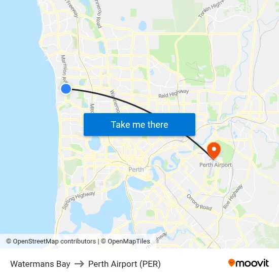 Watermans Bay to Perth Airport (PER) map