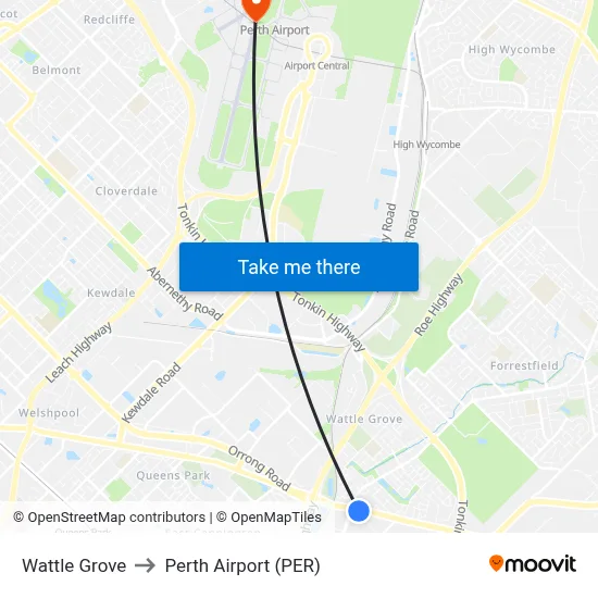 Wattle Grove to Perth Airport (PER) map