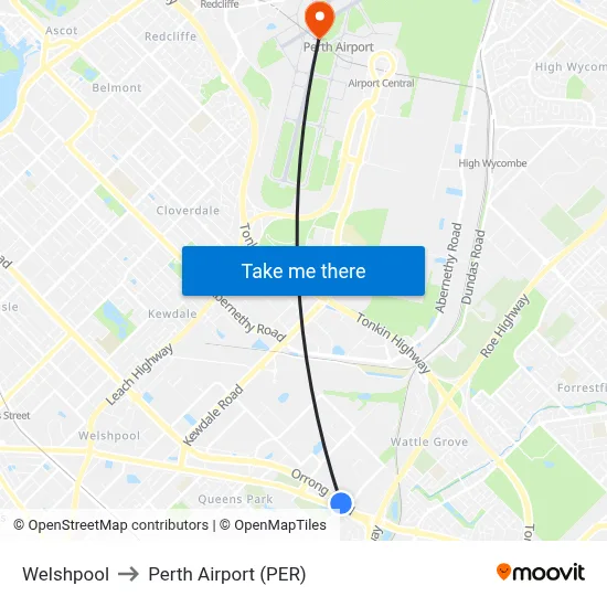 Welshpool to Perth Airport (PER) map