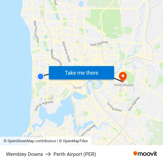 Wembley Downs to Perth Airport (PER) map