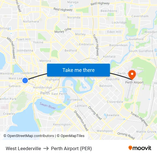 West Leederville to Perth Airport (PER) map