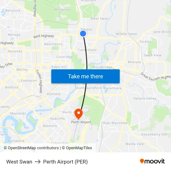 West Swan to Perth Airport (PER) map