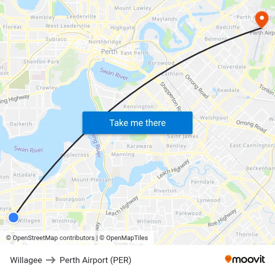 Willagee to Perth Airport (PER) map