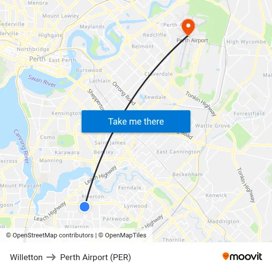 Willetton to Perth Airport (PER) map