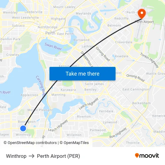 Winthrop to Perth Airport (PER) map