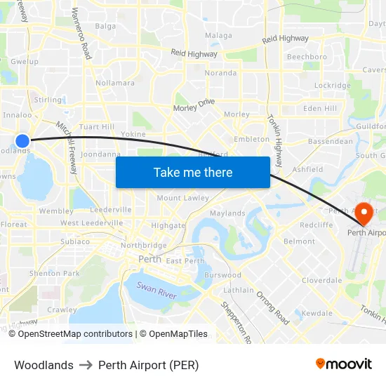 Woodlands to Perth Airport (PER) map
