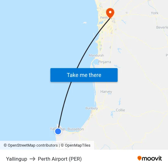 Yallingup to Perth Airport (PER) map