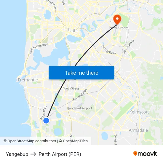 Yangebup to Perth Airport (PER) map