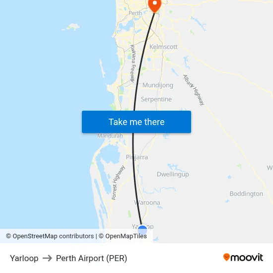 Yarloop to Perth Airport (PER) map