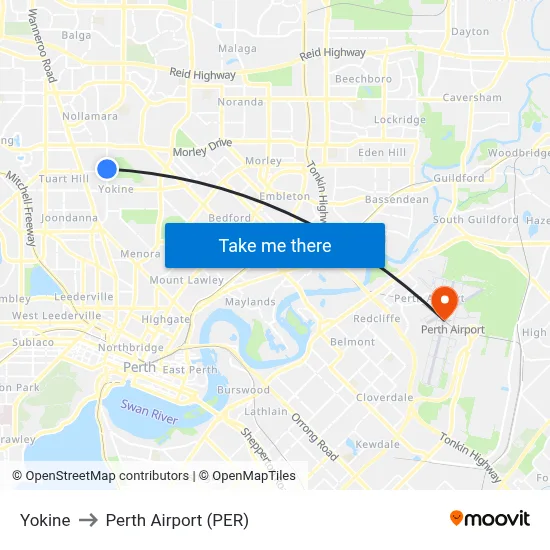 Yokine to Perth Airport (PER) map