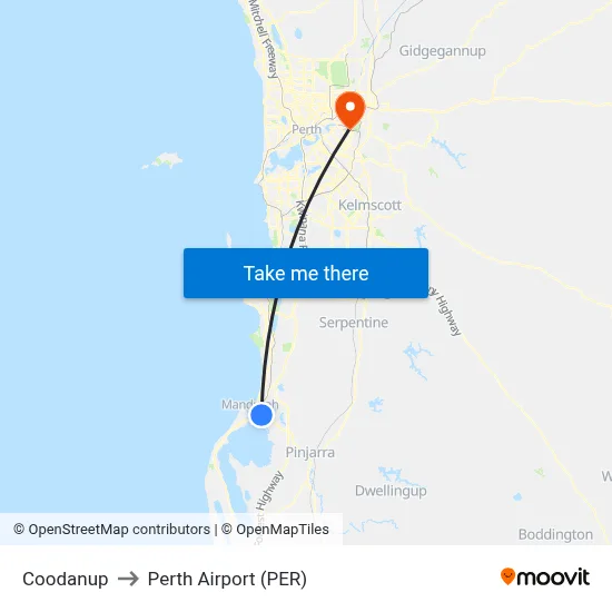 Coodanup to Perth Airport (PER) map